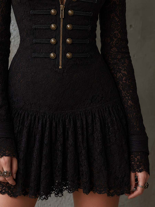 Vintage Military-style Double-breasted Lace Mini Dress