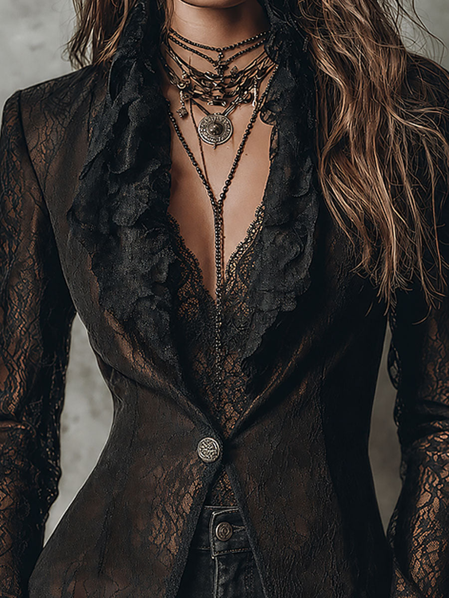 Elegant Single-button Slim-fit Blazer With Lace Ruffle Trim