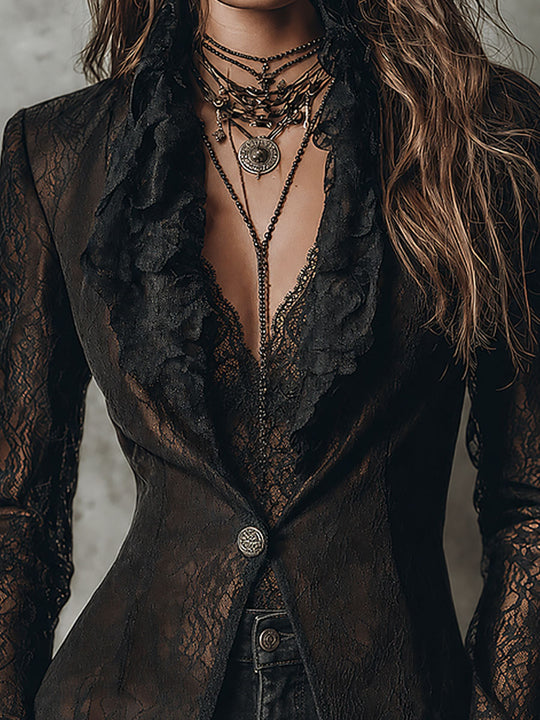 Elegant Single-button Slim-fit Blazer With Lace Ruffle Trim