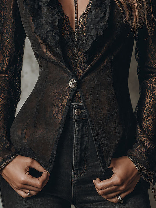 Elegant Single-button Slim-fit Blazer With Lace Ruffle Trim