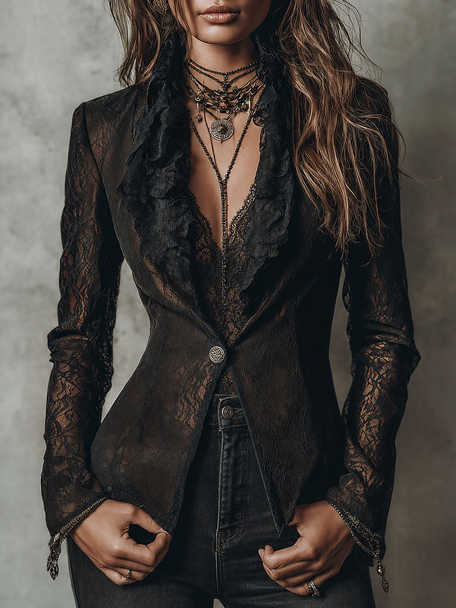 Elegant Single-button Slim-fit Blazer With Lace Ruffle Trim
