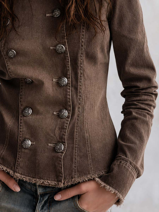 Distressed Double-breasted Denim Jacket