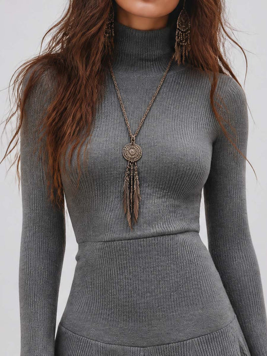 Ribbed Knit Turtleneck Flare Sleeve Mini Sweater Dress