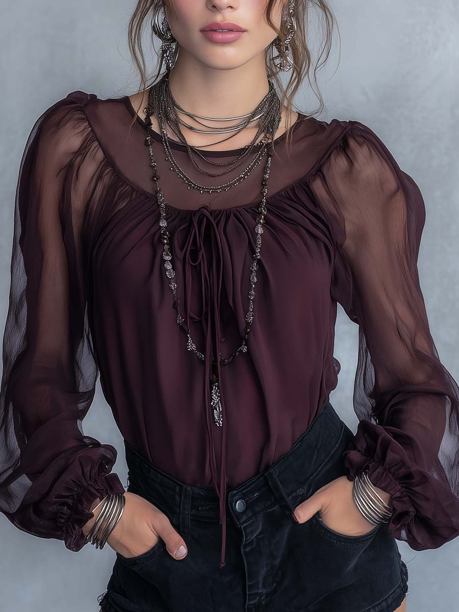 Vintage Sheer Chiffon Puff Sleeve Blouse with Tie Neck