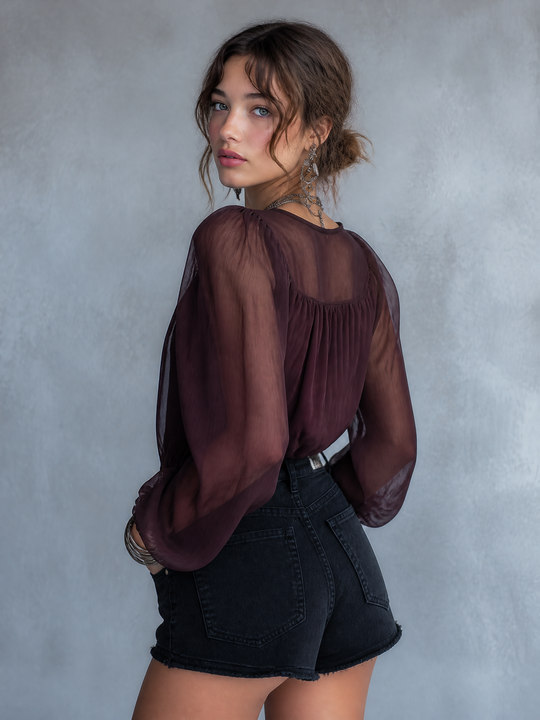 Vintage Sheer Chiffon Puff Sleeve Blouse with Tie Neck