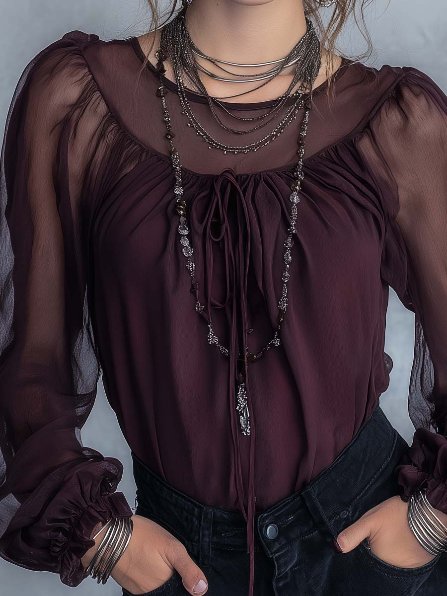 Vintage Sheer Chiffon Puff Sleeve Blouse with Tie Neck
