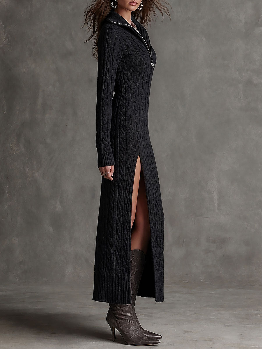 Boho Cable Knit Half-Zip Long Sleeve Slit Hem Maxi Dress
