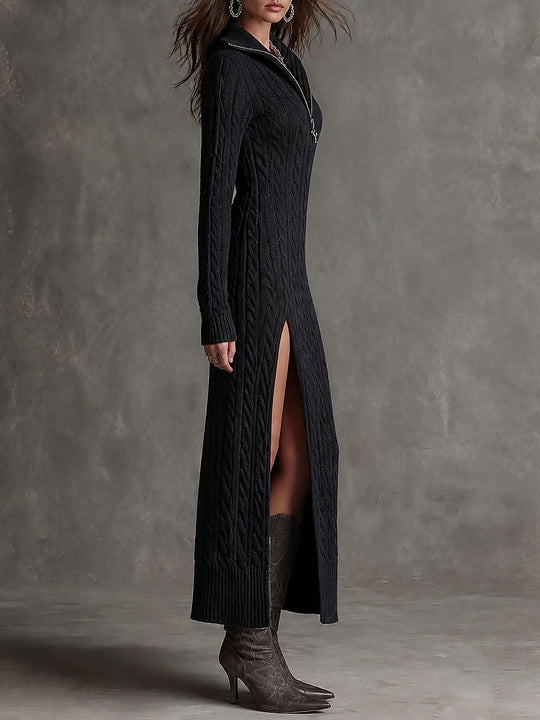 Boho Cable Knit Half-Zip Long Sleeve Slit Hem Maxi Dress