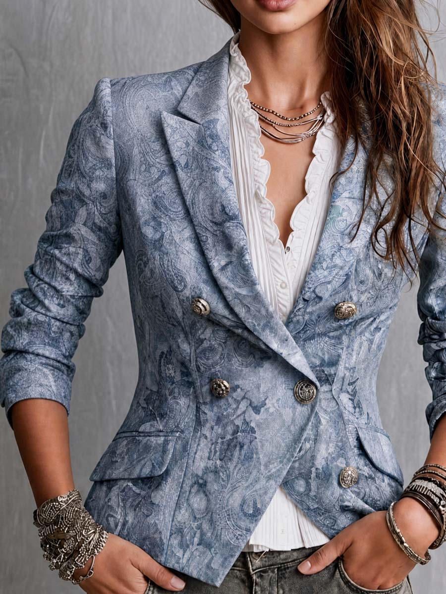 Bohemian Elegant Paisley Print Slim-Fit Blazer Vintage-Inspired Double-Breasted Jacket