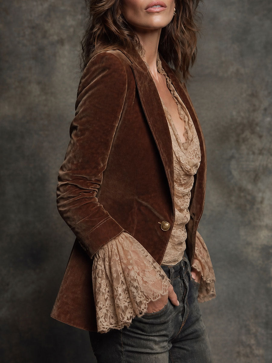 Retro Fitted Velvet Blazer With Topstitching Detail