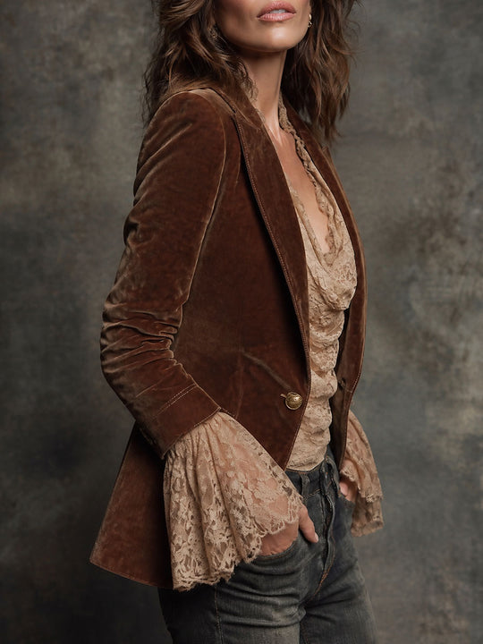 Retro Fitted Velvet Blazer With Topstitching Detail