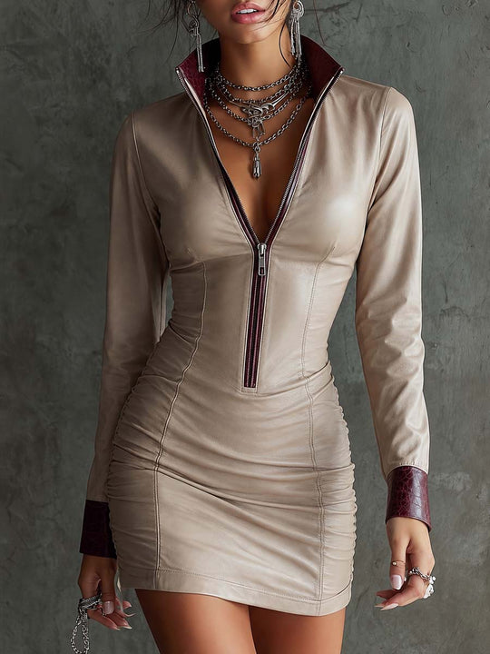 Retro Contrast Trim Faux Leather Mini Dress