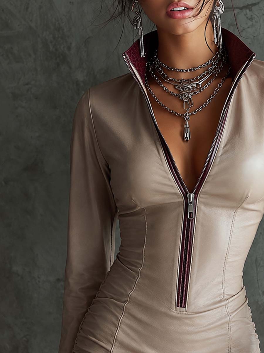 Retro Contrast Trim Faux Leather Mini Dress