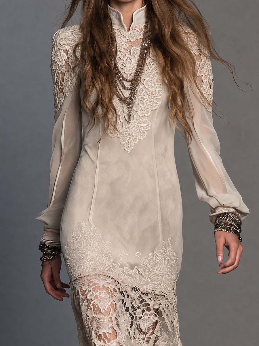 Boho Cream Lace Applique High Neck Sheer Long Sleeve Midi Dress
