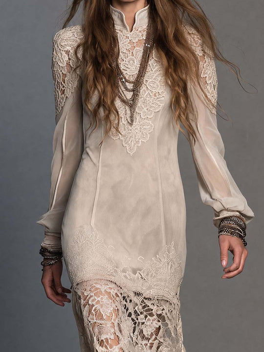 Boho Cream Lace Applique High Neck Sheer Long Sleeve Midi Dress