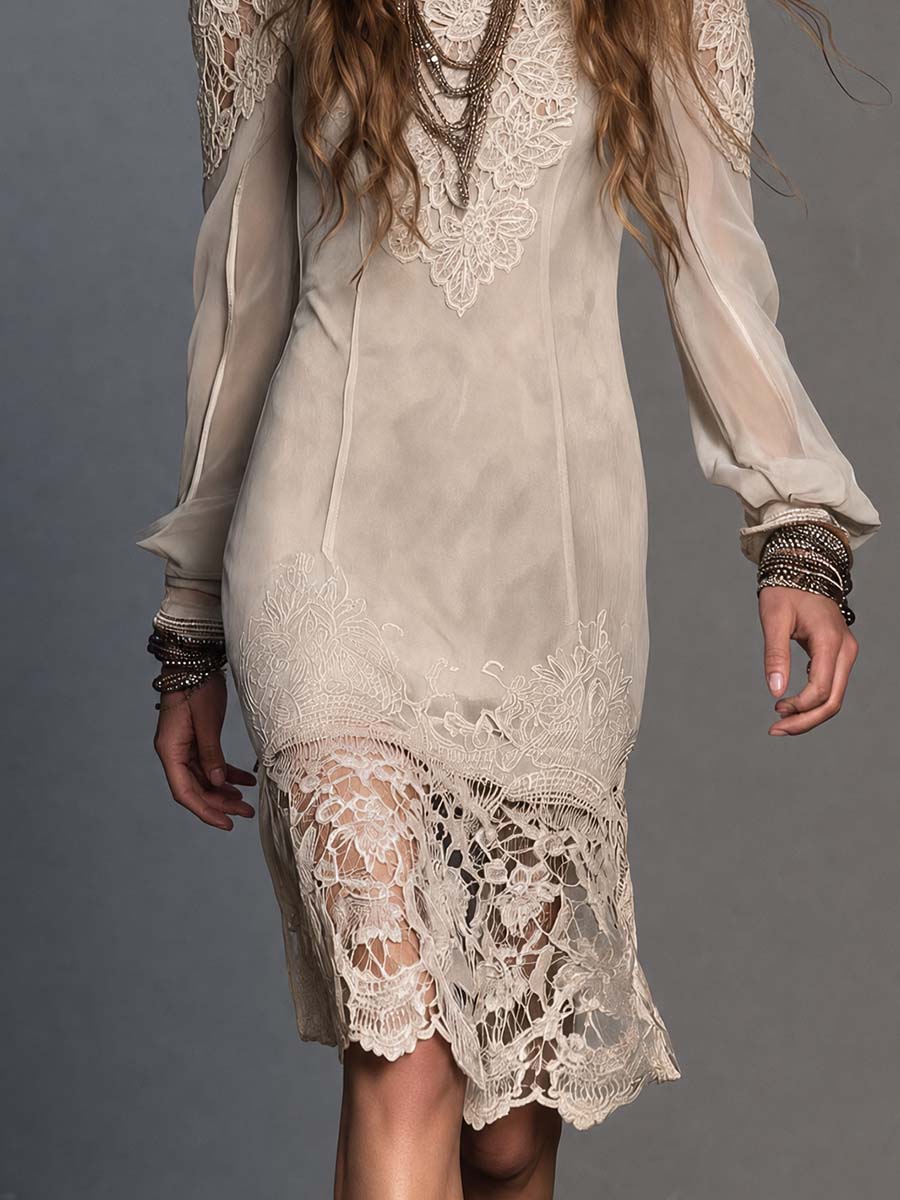 Boho Cream Lace Applique High Neck Sheer Long Sleeve Midi Dress