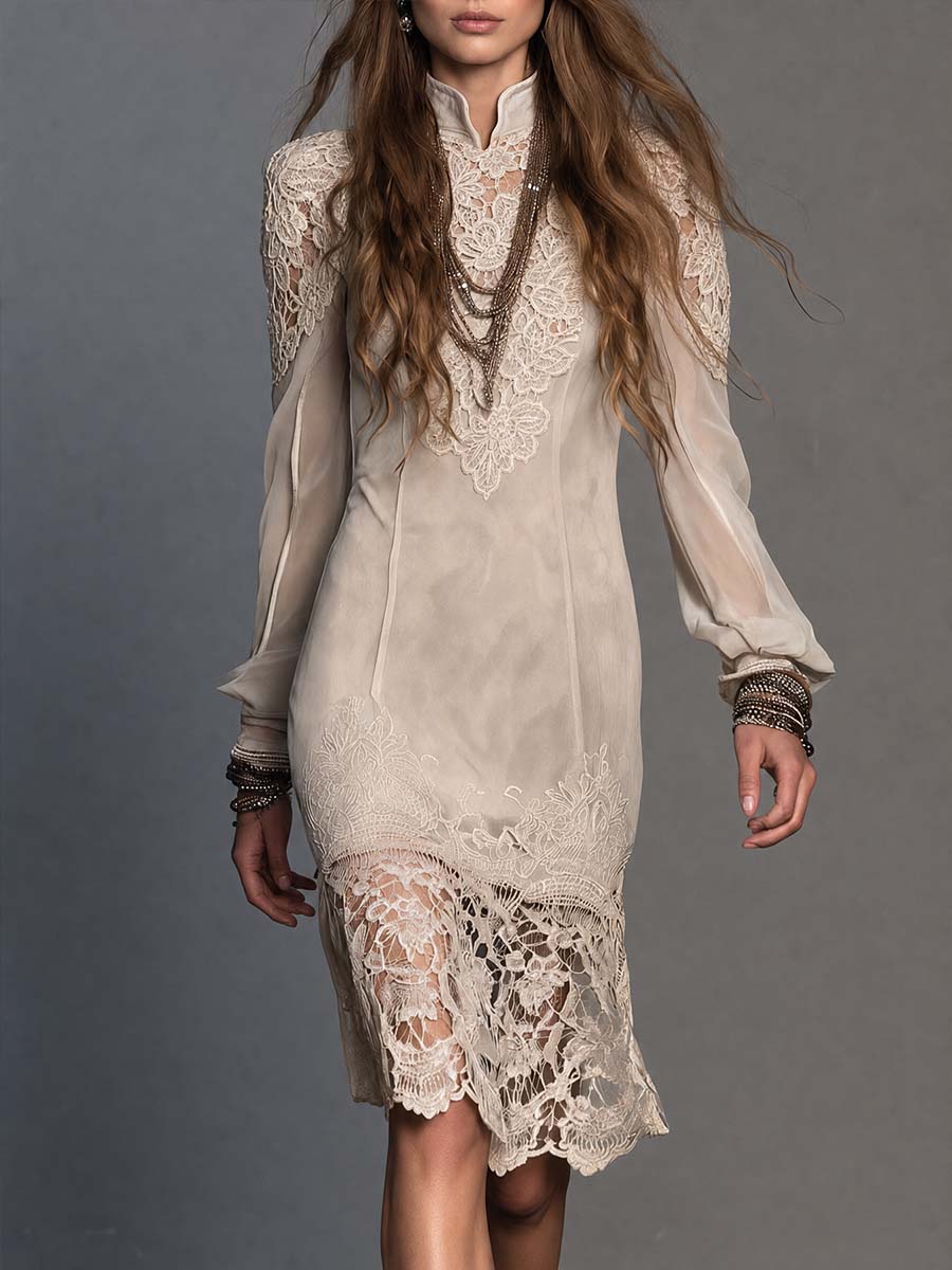 Boho Cream Lace Applique High Neck Sheer Long Sleeve Midi Dress