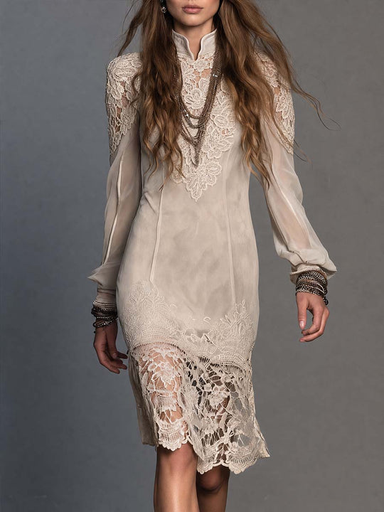 Boho Cream Lace Applique High Neck Sheer Long Sleeve Midi Dress