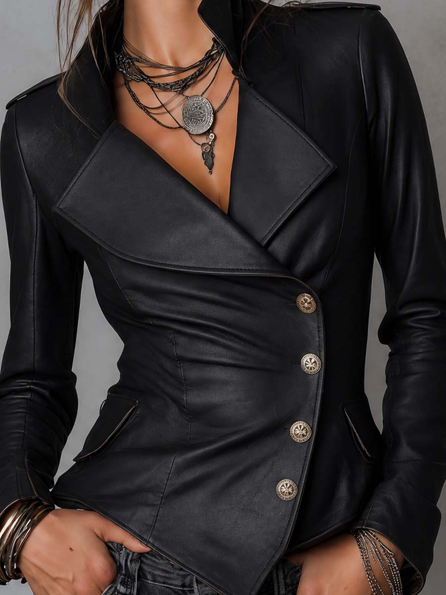 Vintage Slim Fit Faux Leather Blazer Jacket with Military Buttons