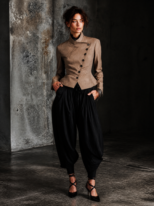 Elegant Cotton-linen Asymmetric Stand Collar Slim Fit Blazer Jacket