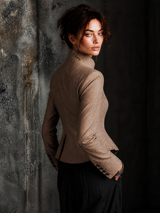 Elegant Cotton-linen Asymmetric Stand Collar Slim Fit Blazer Jacket
