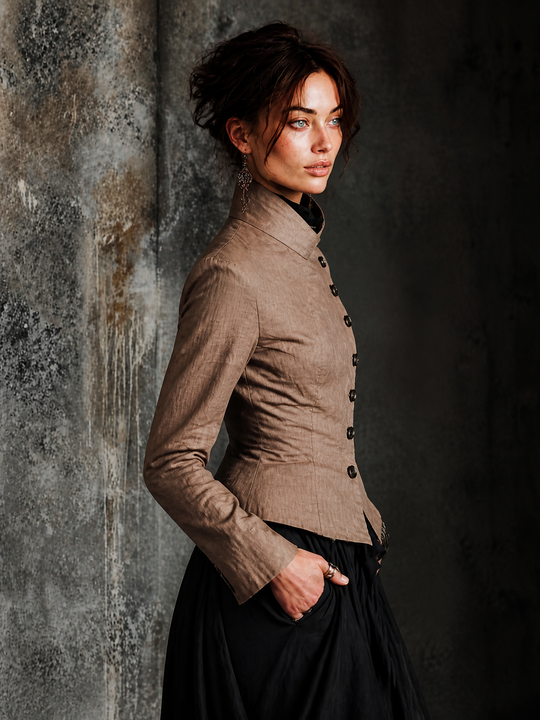 Elegant Cotton-linen Asymmetric Stand Collar Slim Fit Blazer Jacket