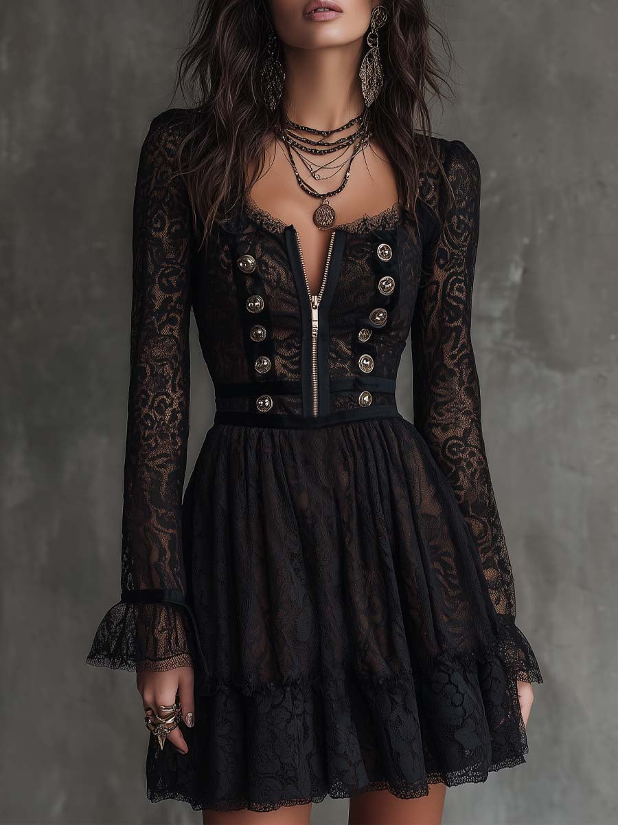 VIntage Black Lace Long Sleeve Zip-Up Mini Dress with Button Detail