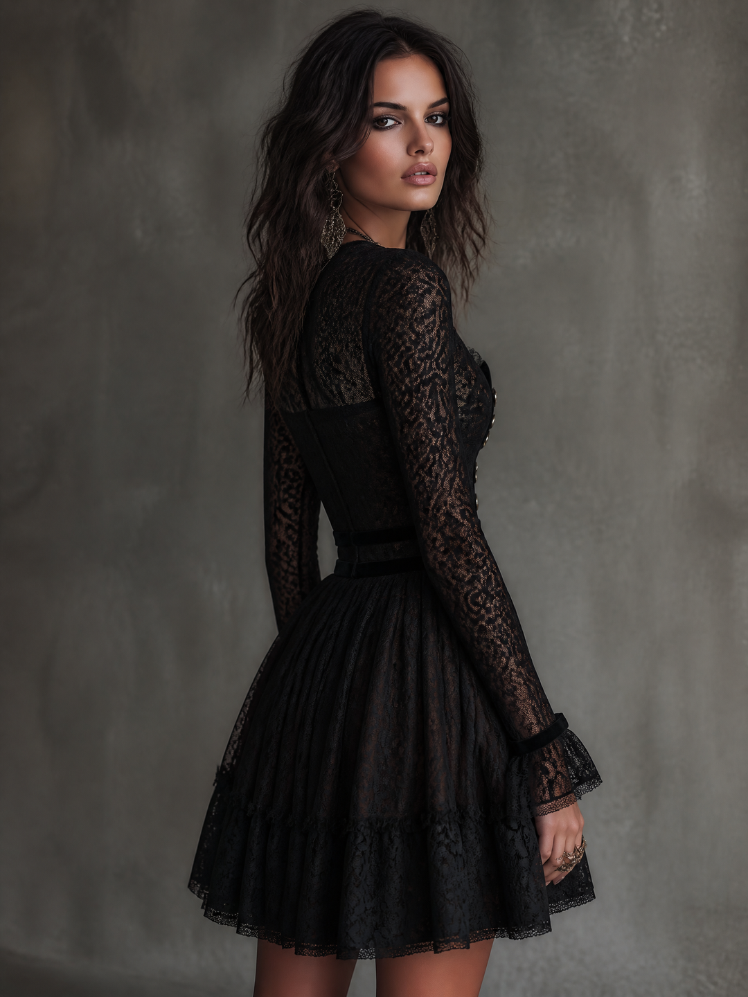 VIntage Black Lace Long Sleeve Zip-Up Mini Dress with Button Detail