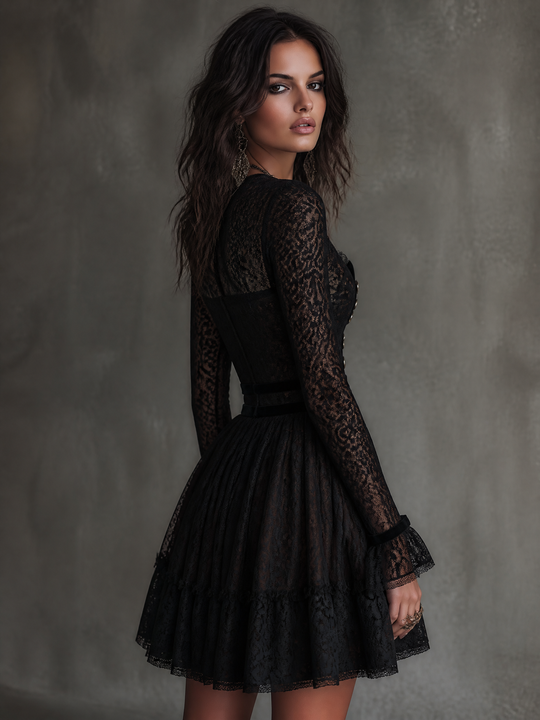 VIntage Black Lace Long Sleeve Zip-Up Mini Dress with Button Detail