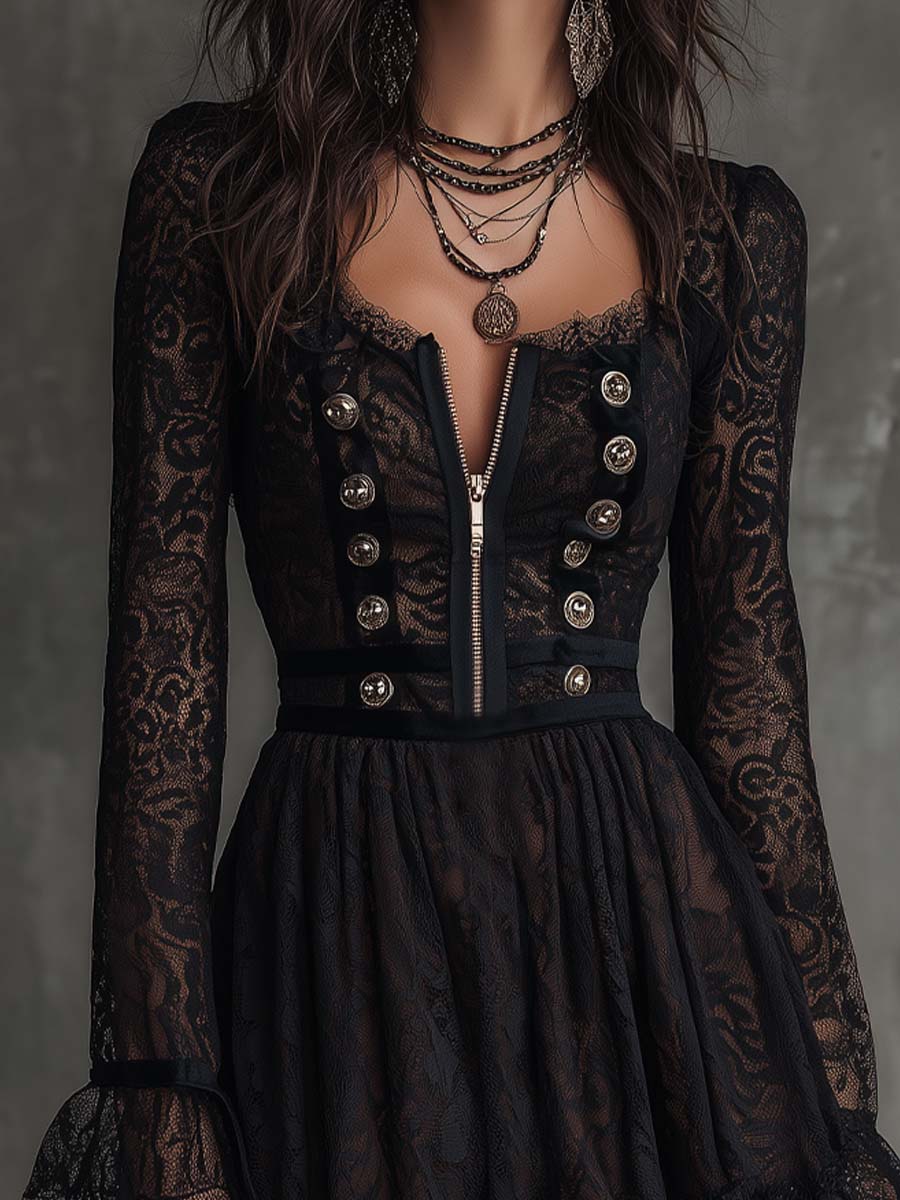VIntage Black Lace Long Sleeve Zip-Up Mini Dress with Button Detail