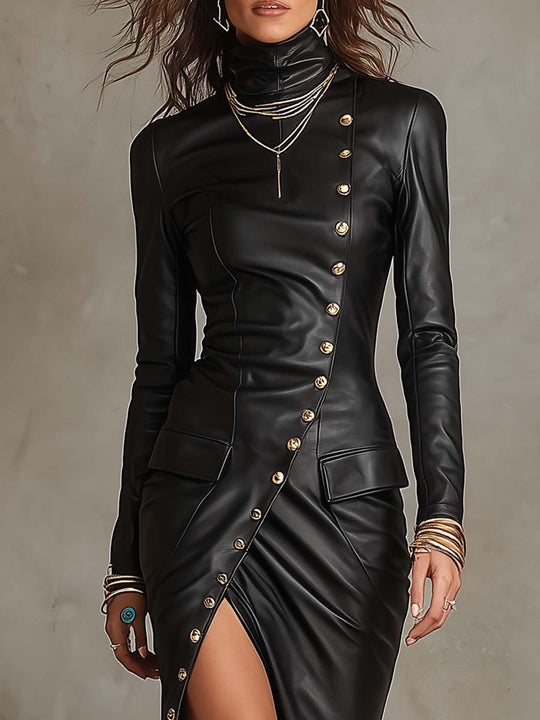 Elegant Faux Leather Turtleneck Long Sleeve Button-Front Slit Midi Dress