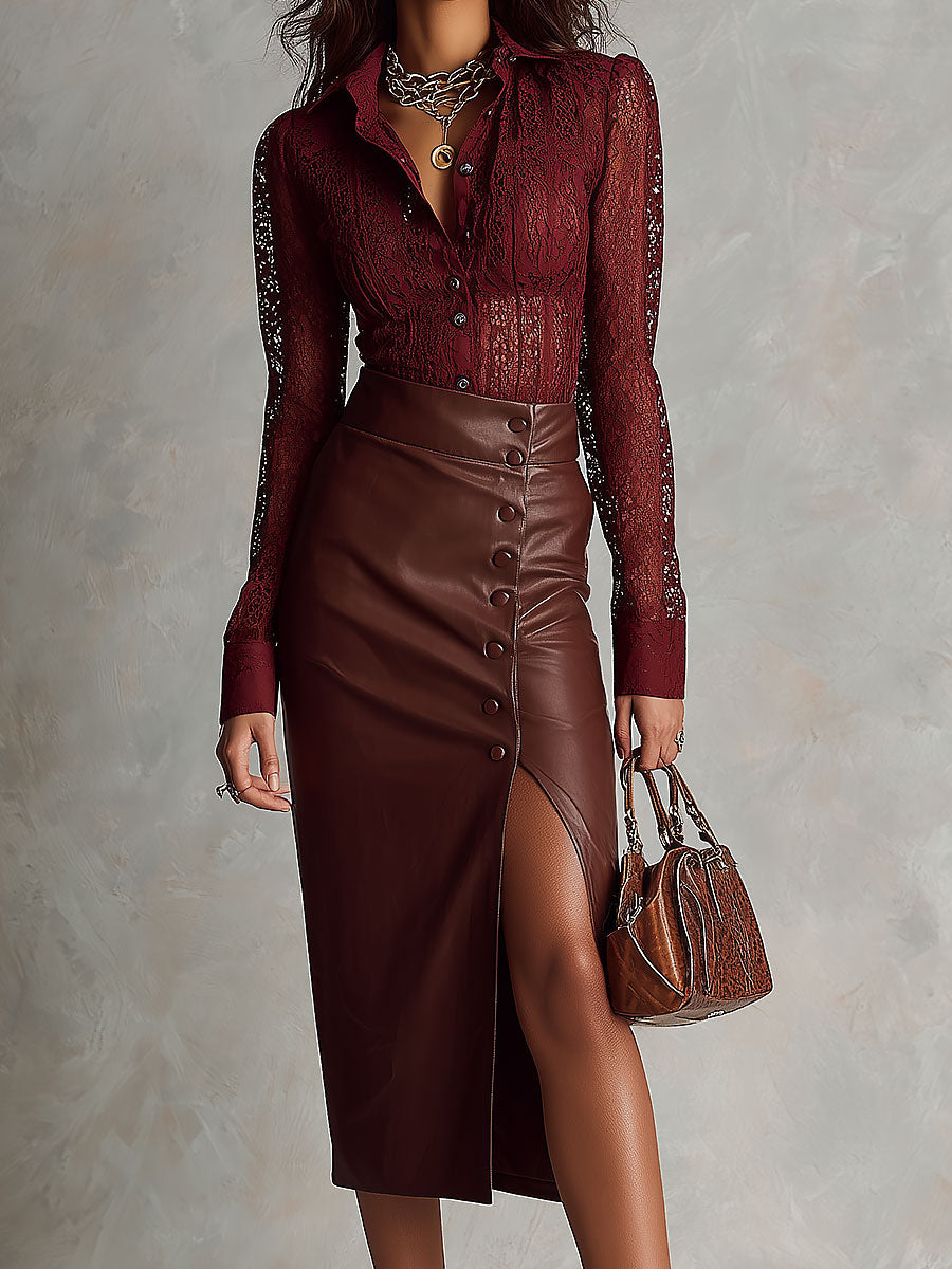 Elegant Lace Blouse With Shirt Collar & Button-Detail Faux PU Slit Skirt Set