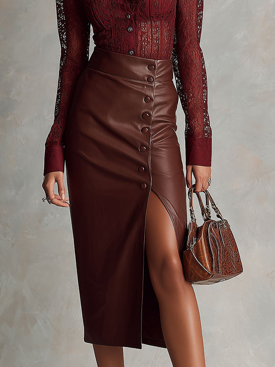 Elegant Lace Blouse With Shirt Collar & Button-Detail Faux PU Slit Skirt Set