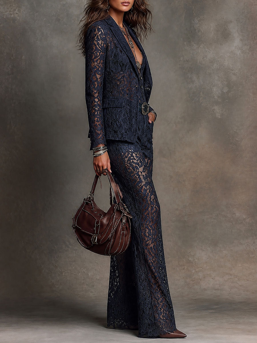 Vintage-style Slim-fit Lace Blazer With A Shawl Collar