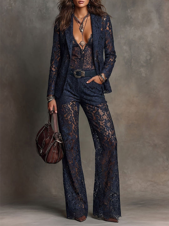 Vintage-style Slim-fit Lace Blazer With A Shawl Collar