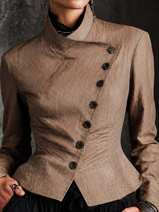 Elegant Cotton-linen Asymmetric Stand Collar Slim Fit Blazer Jacket