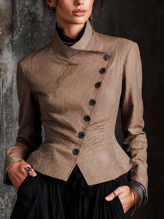 Elegant Cotton-linen Asymmetric Stand Collar Slim Fit Blazer Jacket