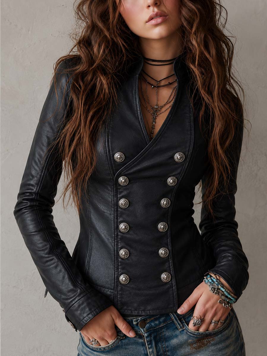 Retro Crisscross Stand Collar Double-Breasted Faux Leather Jacket