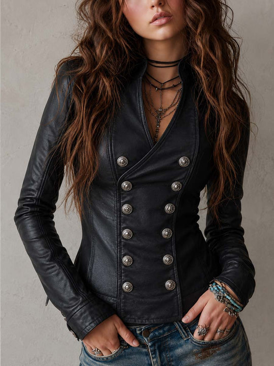Retro Crisscross Stand Collar Double-Breasted Faux Leather Jacket