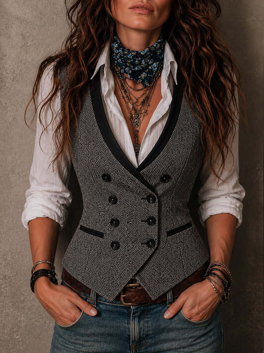 Vintage Contrast Trim Herringbone Vest