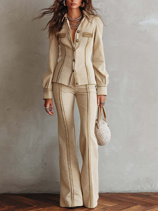 Elegant Rib knit Striped Long Sleeve Fitted Shirt And Flare Pants Two-Piece Set with Gold Trim