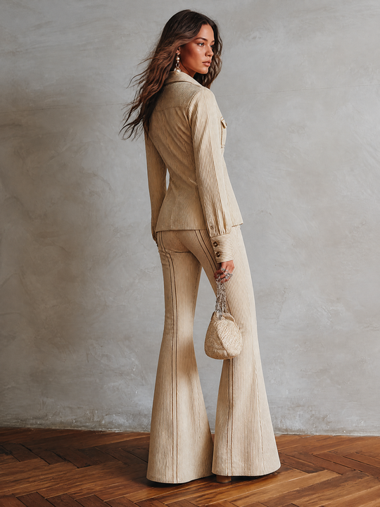 Elegant Rib knit Striped Long Sleeve Fitted Shirt And Flare Pants Two-Piece Set with Gold Trim