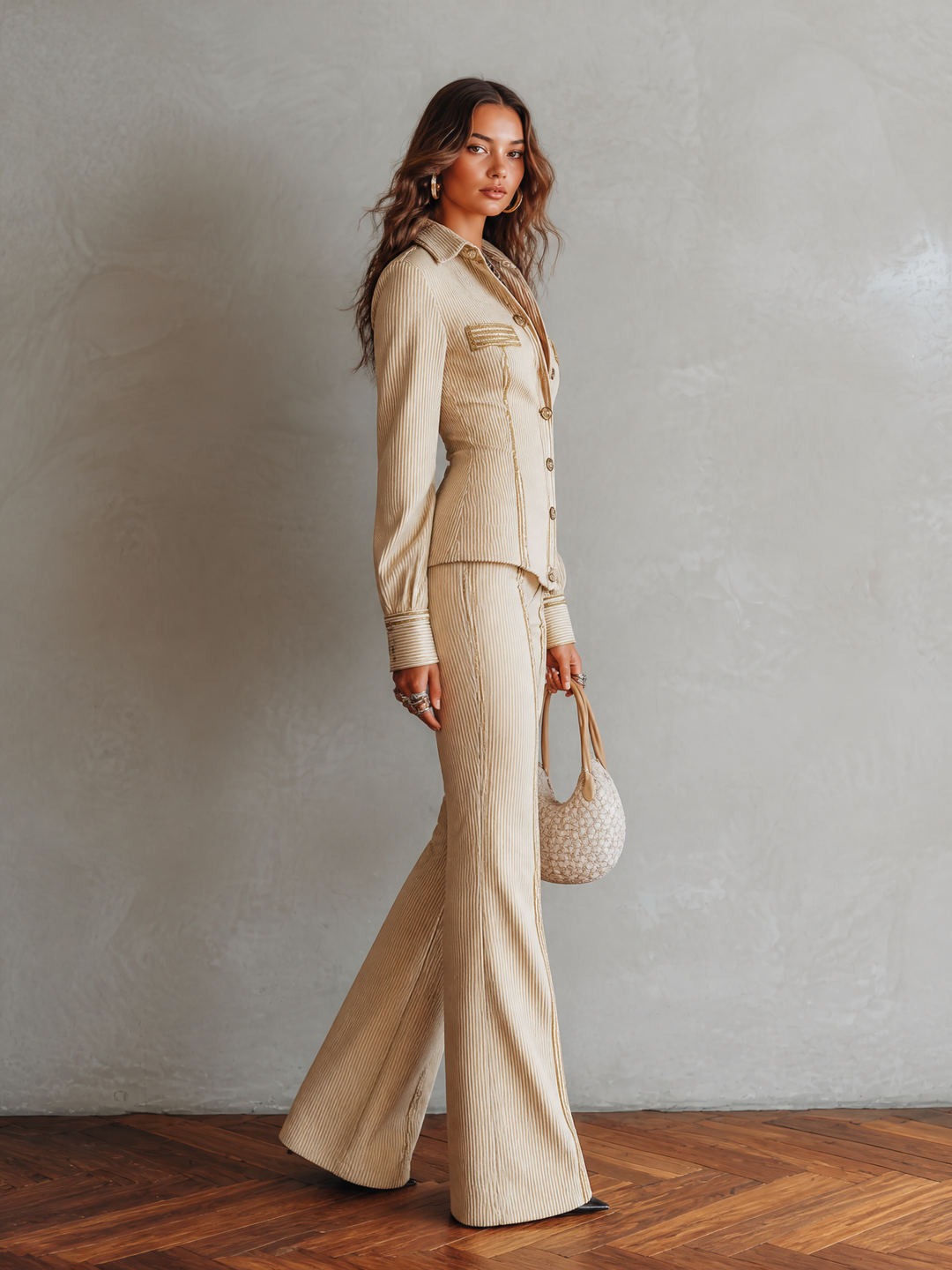 Elegant Rib knit Striped Long Sleeve Fitted Shirt And Flare Pants Two-Piece Set with Gold Trim