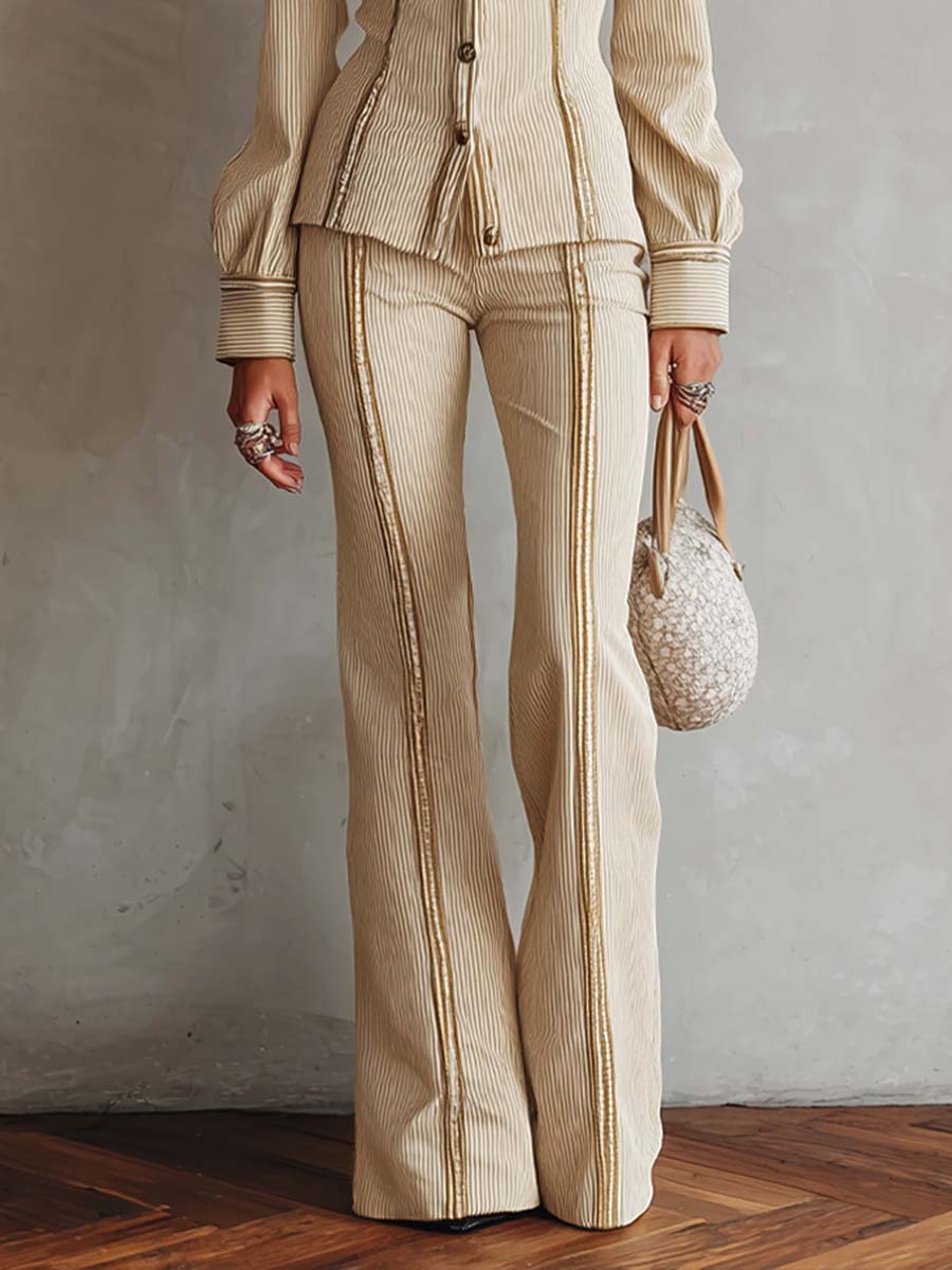 Elegant Rib knit Striped Long Sleeve Fitted Shirt And Flare Pants Two-Piece Set with Gold Trim
