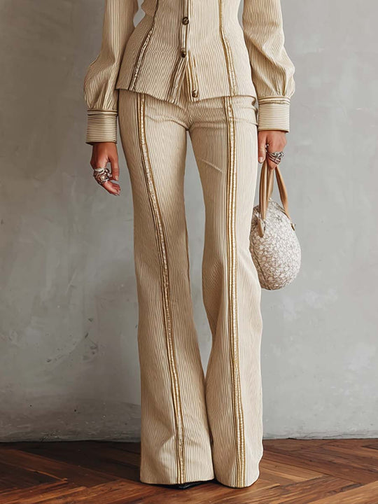 Elegant Rib knit Striped Long Sleeve Fitted Shirt And Flare Pants Two-Piece Set with Gold Trim