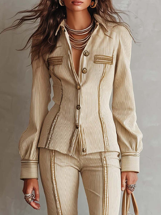 Elegant Rib knit Striped Long Sleeve Fitted Shirt And Flare Pants Two-Piece Set with Gold Trim