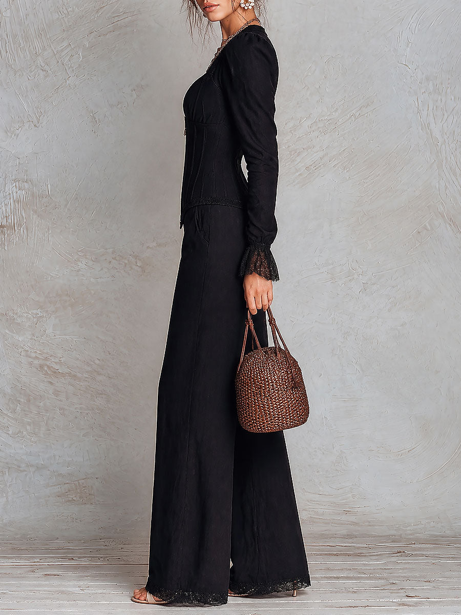 Vintage Front-zip Corset Blouse & Lace-trimmed Slight-flare Pants Set
