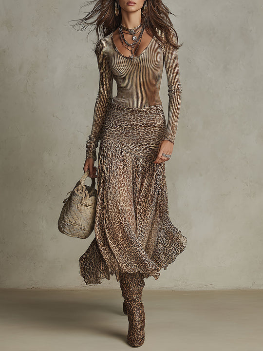 Retro Slim-fit Ribbed Top & Leopard Print Ruched Asymmetric Skirt Set