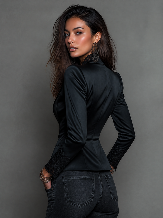 Elegant Satin Cuff Embroidery Detail Slim Fit Blazer