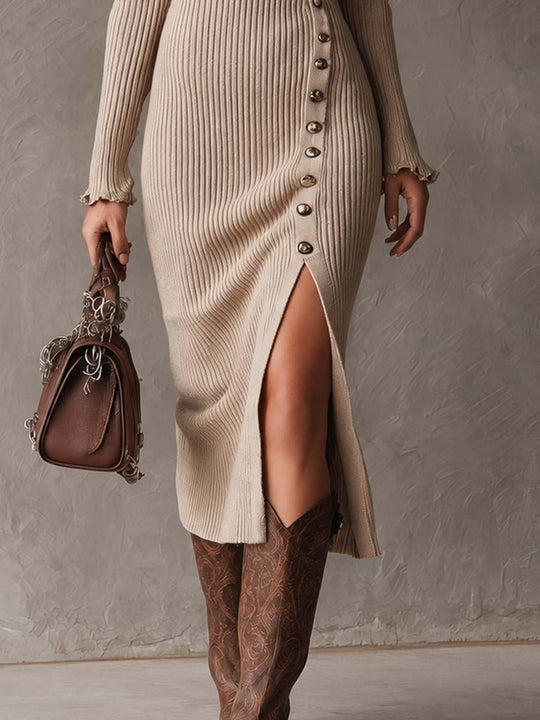 Vintage Ruffled Stand Collar Slit Hem Knit Midi Dress